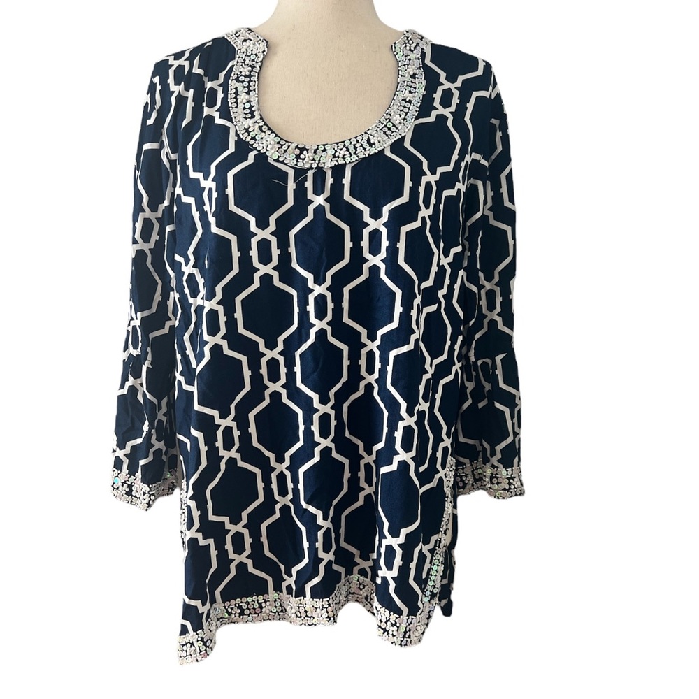 Escapada Navy Tunic/Blouse size large with sequin white trim